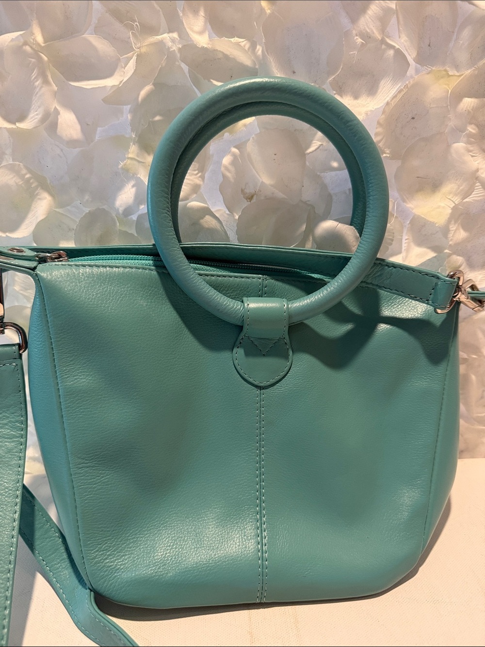 Turquoise Leather Ring-Handle Shoulder Bag